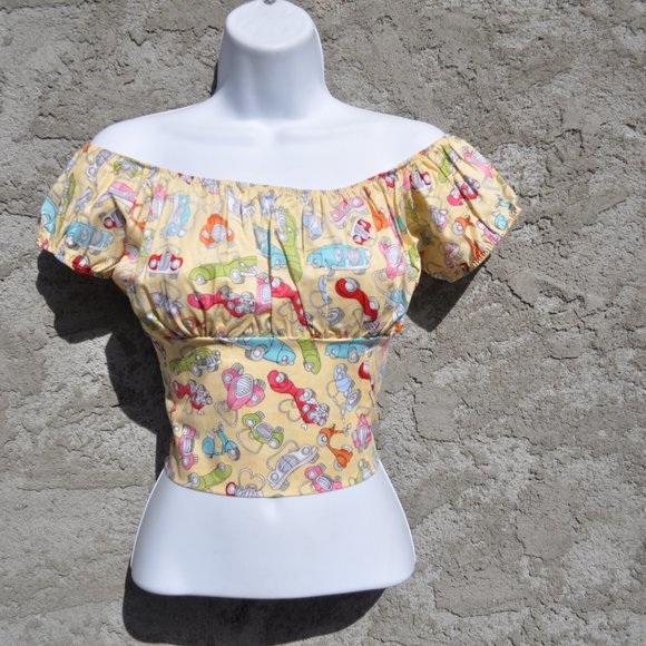 Two Crop top Low Shoulder Cars print and Purple Retro Vintage tops. - Picture 2 of 5
